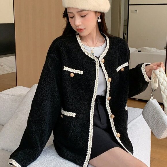 Black Preppy Womens Contrast Trim Drop Shoulder Teddy Jacket - Picture 2 of 6